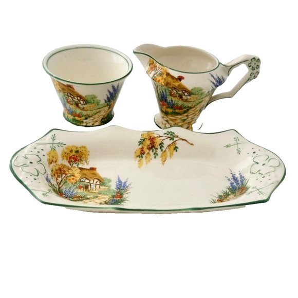 VITG 1950s~JAMES KENT ENGLAND~”Sunnyside” Porcelain Creamer & Open Sugar w/ Tray - Picture 4 of 5
